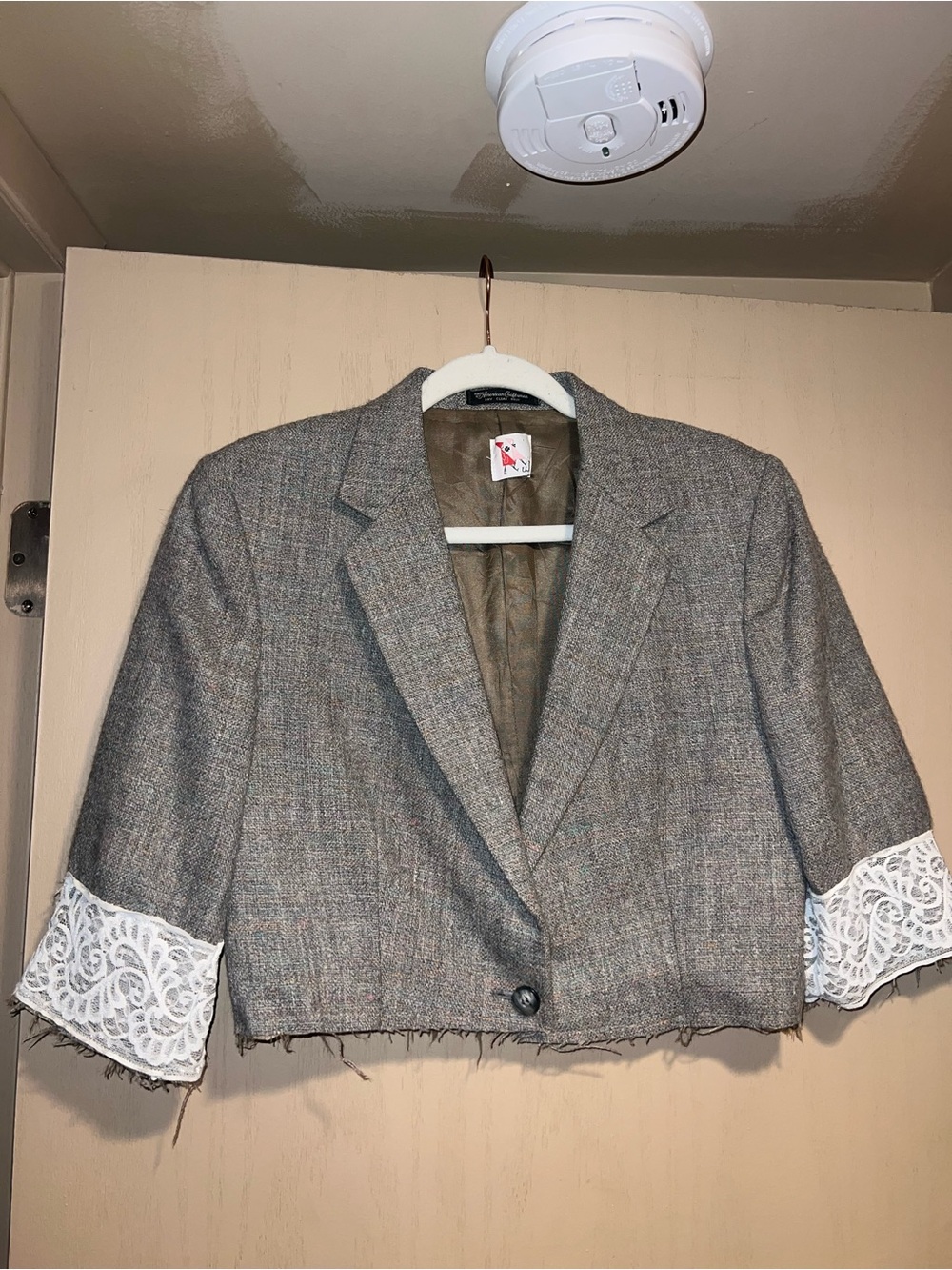 Cropped Gray Tweed Blazer with Lace Cuffs